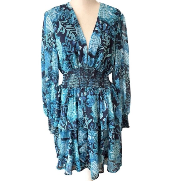 L'Atiste by Amy Layered Ruffle Tiered Dress Blue Floral Women's 1X Sheer Sleeves - Picture 3 of 16